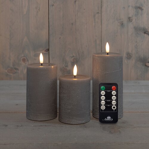 Anna's Collection LED-stompkaarsen oplaadbaar rustiek met 3D-vlam taupe - set van 3 - H 10/12,5/15 x D 7,5 cm - afbeelding 2