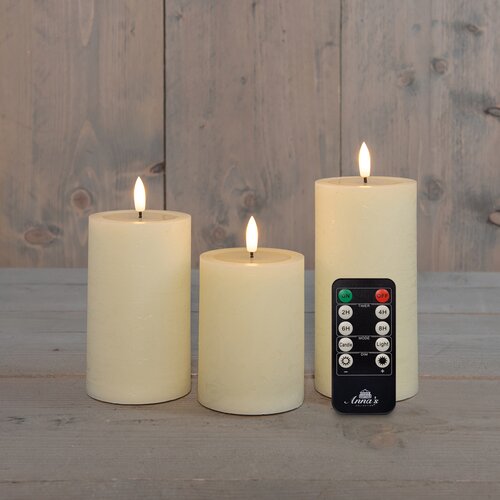 Anna's Collection LED-stompkaarsen oplaadbaar rustiek met 3D-vlam ivoor - set van 3 - H 10/12,5/15 x D 7,5 cm - afbeelding 2