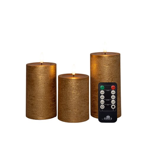 Anna's Collection LED-stompkaarsen oplaadbaar rustiek met 3D-vlam goud - set van 3 - H 10/12,5/15 x D 7,5 cm - afbeelding 1