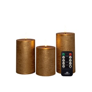 Anna's Collection LED-stompkaarsen oplaadbaar rustiek met 3D-vlam goud - set van 3 - H 10/12,5/15 x D 7,5 cm - afbeelding 1