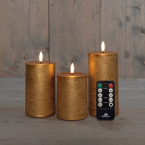 Anna's Collection LED-stompkaarsen oplaadbaar rustiek met 3D-vlam goud - set van 3 - H 10/12,5/15 x D 7,5 cm - afbeelding 2