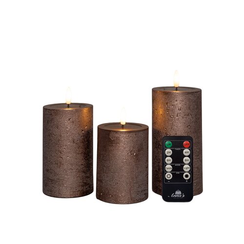 Anna's Collection LED-stompkaarsen oplaadbaar rustiek met 3D-vlam brons - set van 3 - H 10/12,5/15 x D 7,5 cm - afbeelding 1
