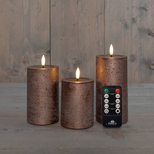 Anna's Collection LED-stompkaarsen oplaadbaar rustiek met 3D-vlam brons - set van 3 - H 10/12,5/15 x D 7,5 cm - afbeelding 2