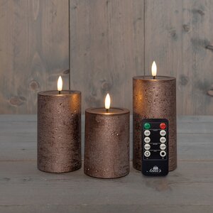 Anna's Collection LED-stompkaarsen oplaadbaar rustiek met 3D-vlam brons - set van 3 - H 10/12,5/15 x D 7,5 cm - afbeelding 2
