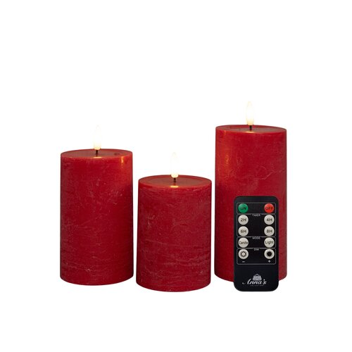 Anna's Collection LED-stompkaarsen oplaadbaar rustiek met 3D-vlam rood - set van 3 - H 10/12,5/15 x D 7,5 cm - afbeelding 1