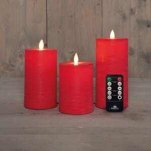 Anna's Collection LED-stompkaarsen oplaadbaar rustiek met bewegende vlam rood - set van 3 - H 10/12,5/15 x Ø 7,5 cm - afbeelding 3