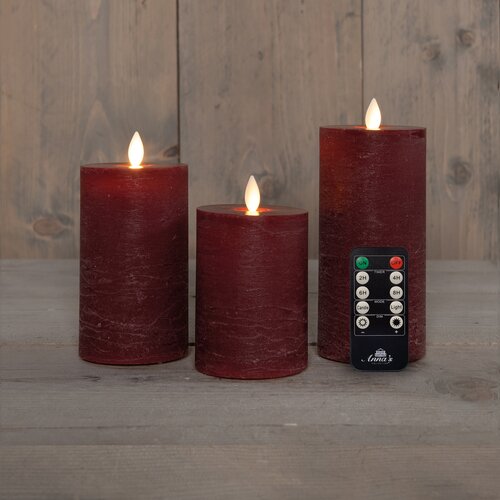 Anna's Collection LED-stompkaarsen oplaadbaar rustiek met bewegende vlam bordeaux - set van 3 - H 10/12,5/15 x Ø 7,5 cm - afbeelding 3