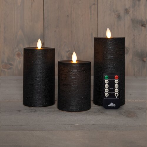Anna's Collection LED-stompkaarsen oplaadbaar rustiek met bewegende vlam zwart - set van 3 - H 10/12,5/15 x Ø 7,5 cm - afbeelding 3