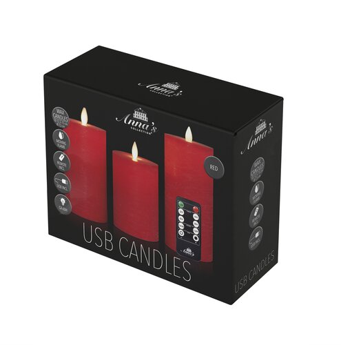 Anna's Collection LED-stompkaarsen oplaadbaar rustiek met bewegende vlam rood - set van 3 - H 10/12,5/15 x Ø 7,5 cm - afbeelding 2