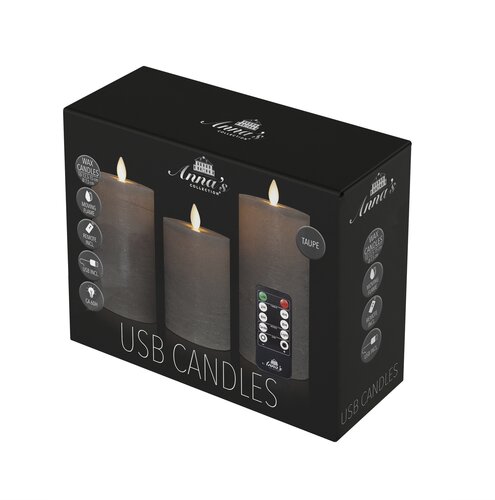 Anna's Collection LED-stompkaarsen oplaadbaar rustiek met bewegende vlam taupe - set van 3 - H 10/12,5/15 x Ø 7,5 cm - afbeelding 2