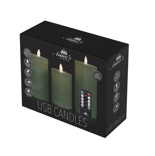 Anna's Collection LED-stompkaarsen oplaadbaar rustiek met bewegende vlam jade - set van 3 - H 10/12,5/15 x Ø 7,5 cm - afbeelding 2