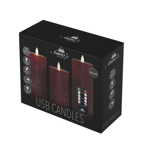Anna's Collection LED-stompkaarsen oplaadbaar rustiek met bewegende vlam bordeaux - set van 3 - H 10/12,5/15 x Ø 7,5 cm - afbeelding 2