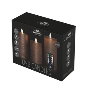 Anna's Collection LED-stompkaarsen oplaadbaar rustiek met bewegende vlam brons - set van 3 - H 10/12,5/15 x Ø 7,5 cm - afbeelding 2
