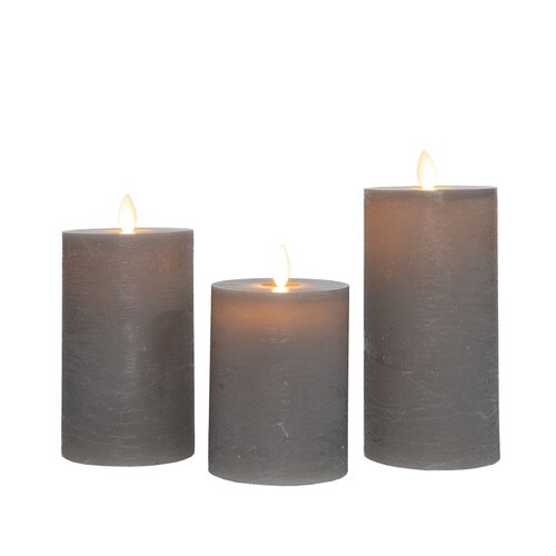 Anna's Collection LED-stompkaarsen oplaadbaar rustiek met bewegende vlam taupe - set van 3 - H 10/12,5/15 x Ø 7,5 cm