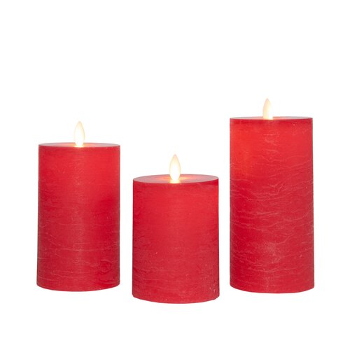 Anna's Collection LED-stompkaarsen oplaadbaar rustiek met bewegende vlam rood - set van 3 - H 10/12,5/15 x Ø 7,5 cm