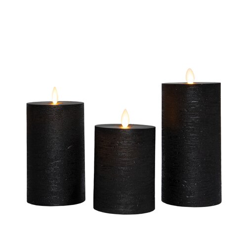 Anna's Collection LED-stompkaarsen oplaadbaar rustiek met bewegende vlam zwart - set van 3 - H 10/12,5/15 x Ø 7,5 cm