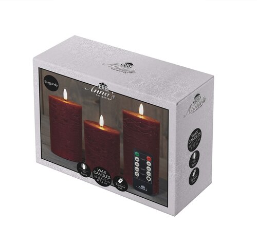 Anna's Collection LED-stompkaarsen rustiek met 3D-vlam bordeaux - set van 3 - H 10/12,5/15 x Ø 7,5 cm - afbeelding 3