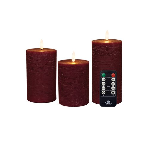 Anna's Collection LED-stompkaarsen rustiek met 3D-vlam bordeaux - set van 3 - H 10/12,5/15 x Ø 7,5 cm