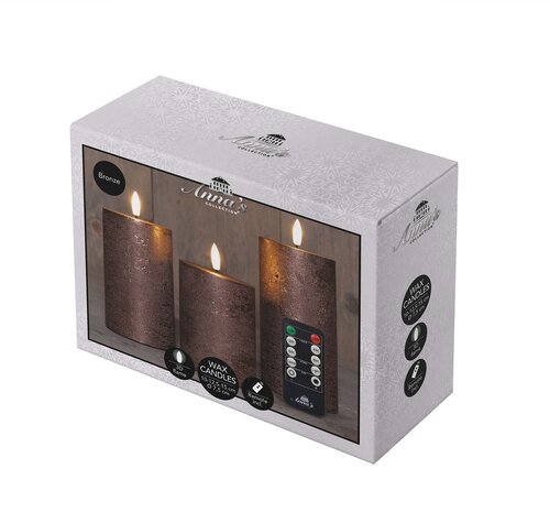 Anna's Collection LED-stompkaarsen rustiek met 3D-vlam brons - set van 3 - H 10/12,5/15 x Ø 7,5 cm - afbeelding 3