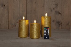 Anna's Collection LED-stompkaarsen rustiek met 3D-vlam goud - set van 3 - H 10/12,5/15 x Ø 7,5 cm - afbeelding 2