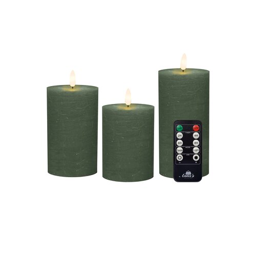 Anna's Collection LED-stompkaarsen rustiek met 3D-vlam jade - set van 3 - H 10/12,5/15 x Ø 7,5 cm