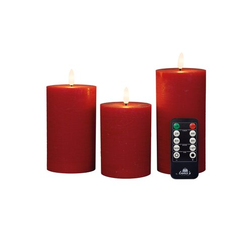 Anna's Collection LED-stompkaarsen rustiek met 3D-vlam rood - set van 3 - H 10/12,5/15 x Ø 7,5 cm