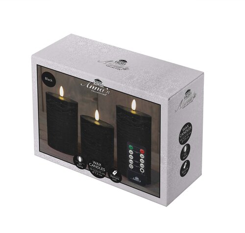 Anna's Collection LED-stompkaarsen rustiek met 3D-vlam zwart - set van 3 - H 10/12,5/15 x Ø 7,5 cm - afbeelding 3
