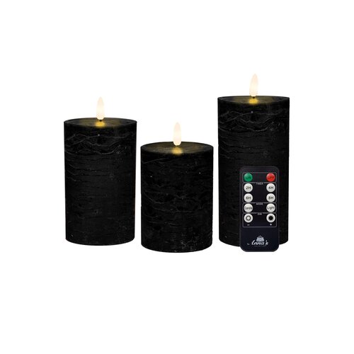 Anna's Collection LED-stompkaarsen rustiek met 3D-vlam zwart - set van 3 - H 10/12,5/15 x Ø 7,5 cm