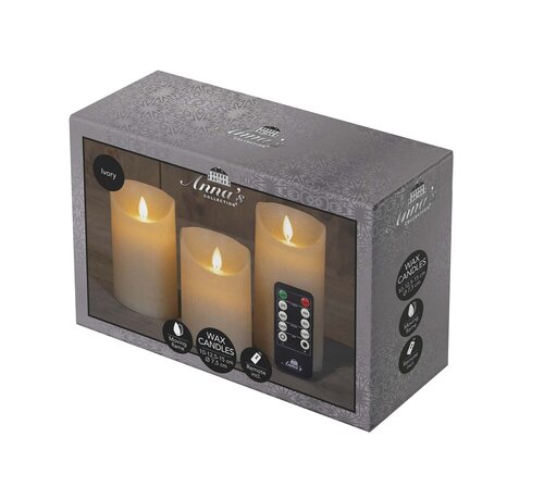 Anna's Collection LED-stompkaarsen rustiek met bewegende vlam ivoor - set van 3 - H 10/12,5/15 x D 7 - afbeelding 2