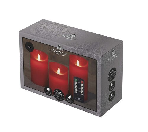 Anna's Collection LED-stompkaarsen rustiek met bewegende vlam rood - set van 3 - H 10/12,5/15 x D 7, - afbeelding 2