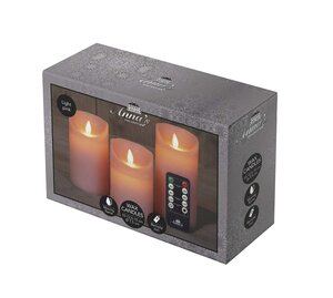 Anna's Collection LED-stompkaarsen rustiek met bewegende vlam roze - set van 3 - H 10/12,5/15 x D 7, - afbeelding 2