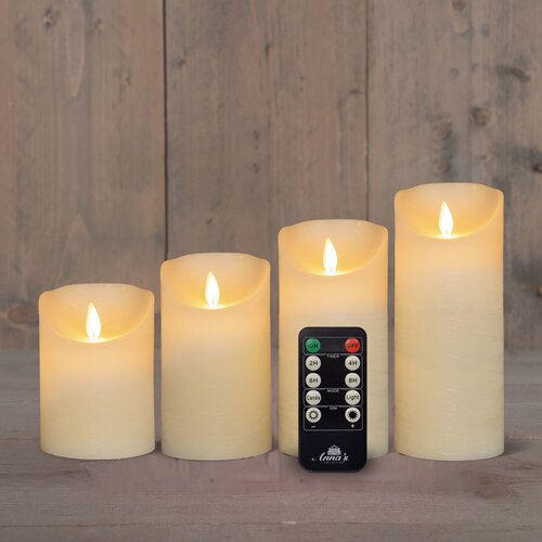 Anna's Collection LED-stompkaarsen rustiek met bewegende vlam ivoor - set van 4 - H 10/12,5/15/17,5 x D 7,5 cm