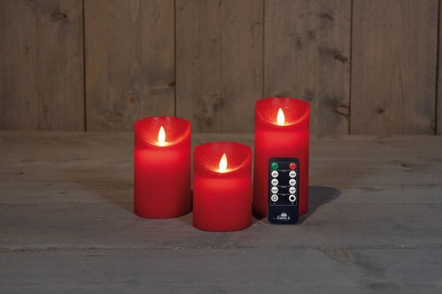 Anna's Collection LED-stompkaarsen rustiek met bewegende vlam rood - set van 3 - H 10/12,5/15 x D 7,5 cm - afbeelding 3