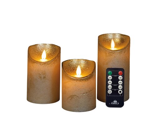 Anna's Collection LED-stompkaarsen rustiek met bewegende vlam goud - set van 3 - H 10/12,5/15 x Ø 7,5 cm