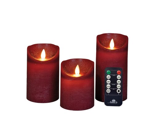 Anna's Collection LED-stompkaarsen rustiek met bewegende vlam bordeaux - set van 3 - H 10/12,5/15 x Ø 7,5 cm