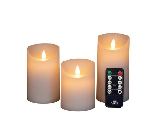Anna's Collection LED-stompkaarsen rustiek met bewegende vlam wit - set van 3 - H 10/12,5/15 x Ø 7,5 cm