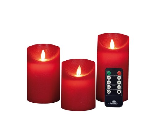 Anna's Collection LED-stompkaarsen rustiek met bewegende vlam rood - set van 3 - H 10/12,5/15 x Ø 7,5 cm
