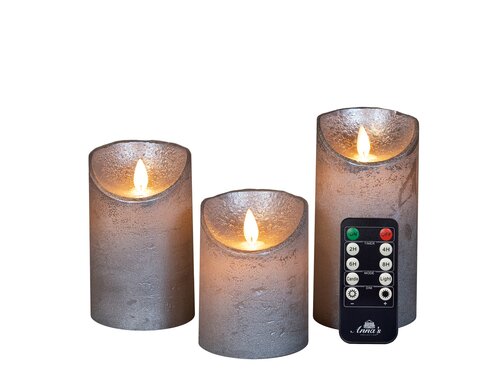 Anna's Collection LED-stompkaarsen rustiek met bewegende vlam zilver - set van 3 - H 10/12,5/15 x Ø 7,5 cm