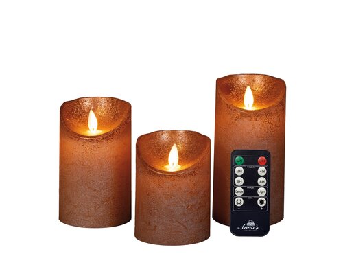 Anna's Collection LED-stompkaarsen rustiek met bewegende vlam koper - set van 3 - H 10/12,5/15 x Ø 7,5 cm