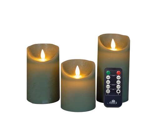 Anna's Collection LED-stompkaarsen rustiek met bewegende vlam jade - set van 3 - H 10/12,5/15 x Ø 7,5 cm