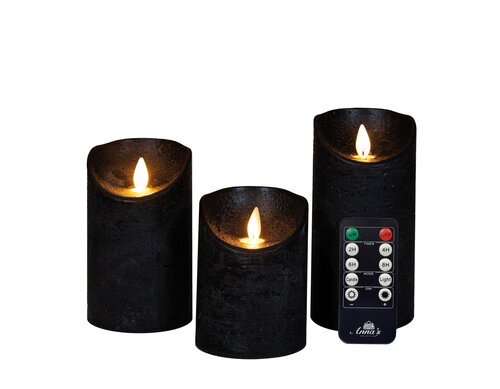 Anna's Collection LED-stompkaarsen rustiek met bewegende vlam zwart - set van 3 - H 10/12,5/15 x Ø 7,5 cm