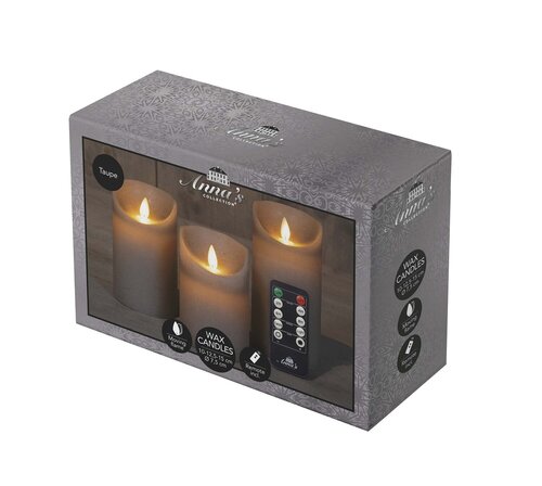Anna's Collection LED-stompkaarsen rustiek met bewegende vlam taupe - set van 3 - H 10/12,5/15 x D 7,5 cm - afbeelding 2