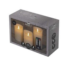 Anna's Collection LED-stompkaarsen rustiek met bewegende vlam ivoor - set van 3 - H 10/12,5/15 x D 7,5 cm - afbeelding 2