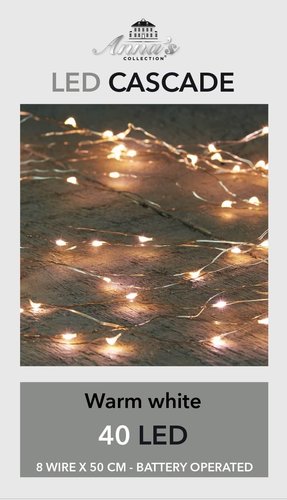 B.O. CASCADE LIGHTS ZILVERDRAAD 40L/8X0,5M LED WARM WIT - 50CM AANLOOPSNOER TRAN