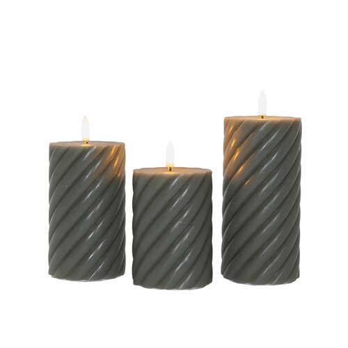 3ST outdoor swirl kaars 7,5X10/12,5/15CM OLIJFGROEN AAN/UIT/ 6U TIMER 3X3AAA