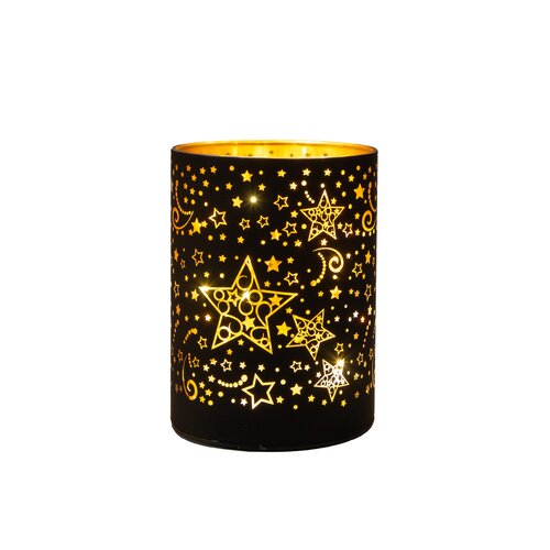 Cylinder glas stars led 12x9cm zw