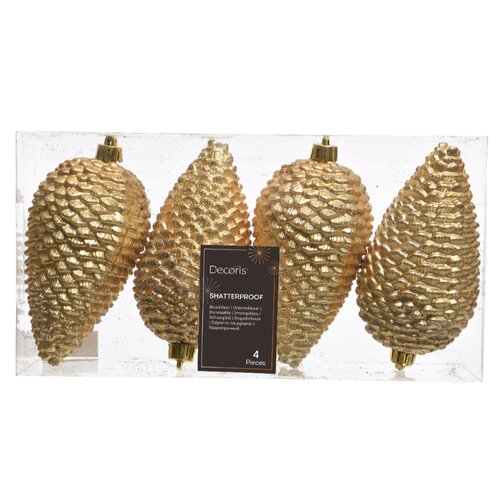 Decoris dennenappel kunststof lichtgoud 12 cm 4 stuks