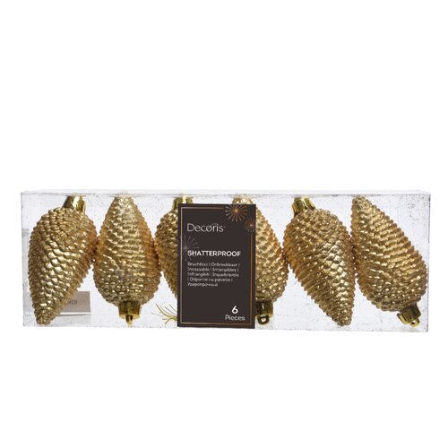 Decoris dennenappel kunststof lichtgoud 8 cm 6 stuks