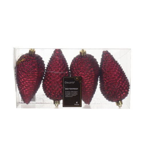Decoris dennenappel kunststof ossenbloed rood 12 cm 4 stuks