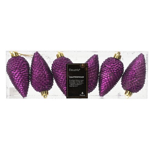 Decoris dennenappel kunststof violet 8 cm 6 stuks